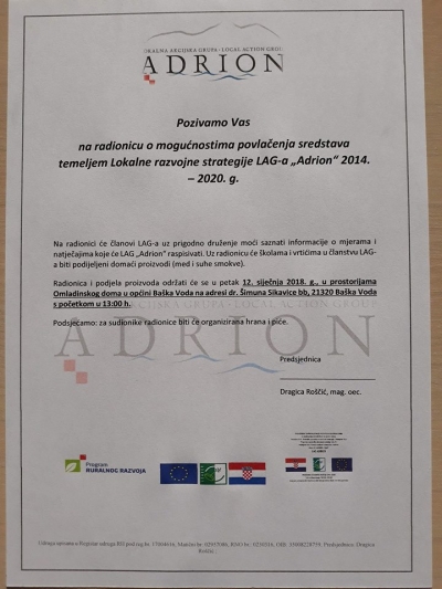 POZIV NA RADIONICU O MOGUĆNOSTIMA POVLAČENJA SREDSTAVA TEMELJEM LOKALNE RAZVOJNE STRATEGIJE LAG-a “Adrion”